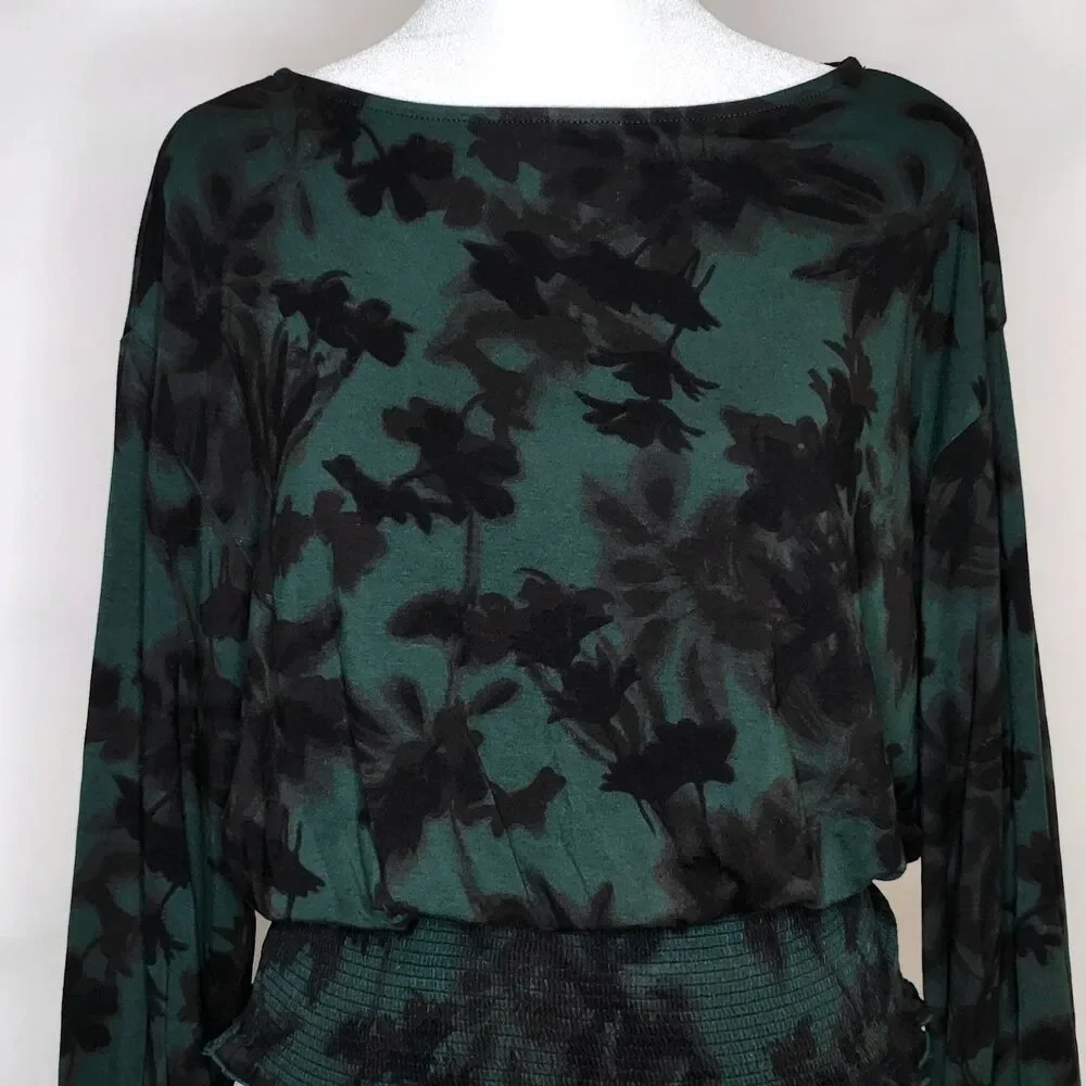 Madewell Forest Green Leafy Botanical Print Smocked Waist Top XS Cottagecore